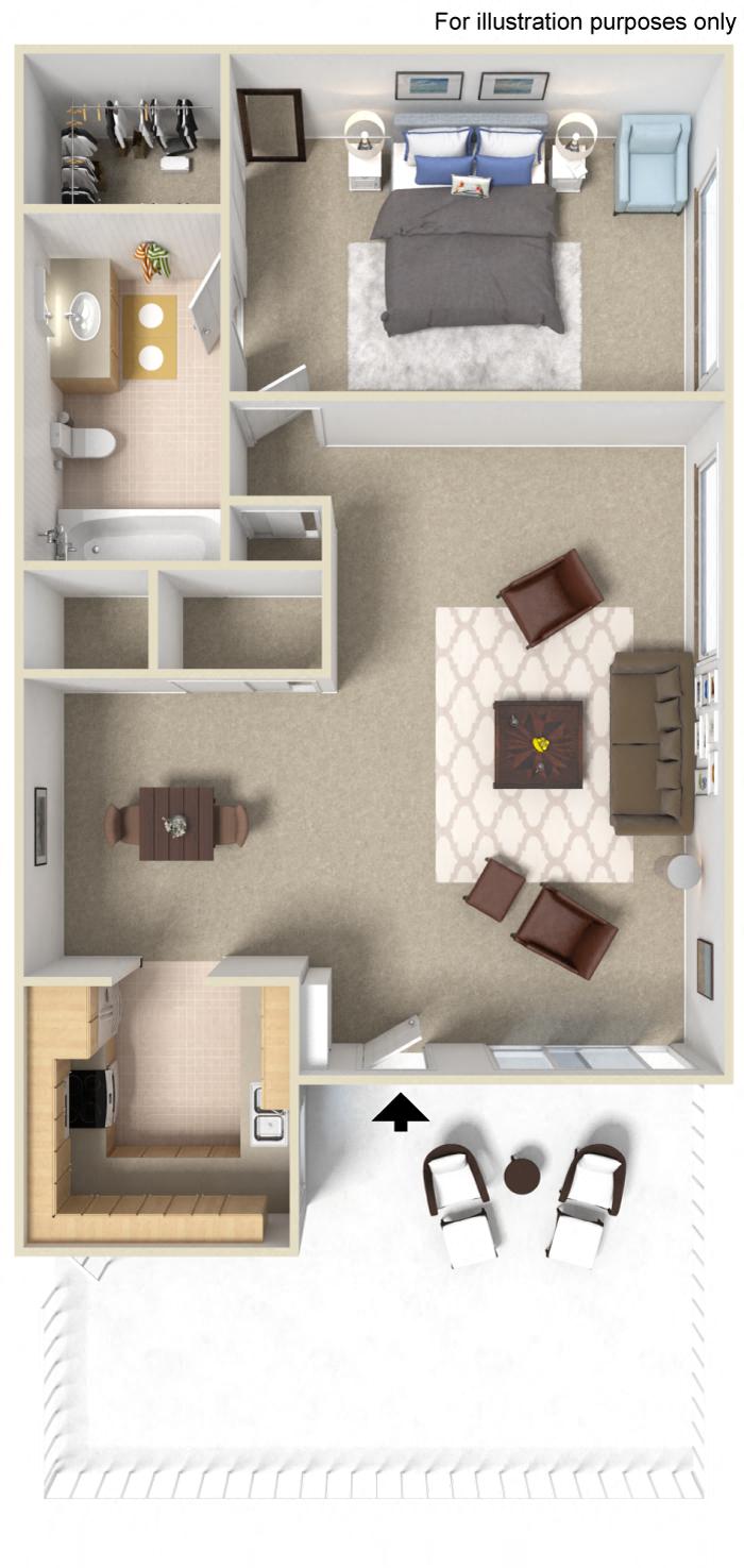 Floor plan for 1 bed, 1 bath, 733 sqft